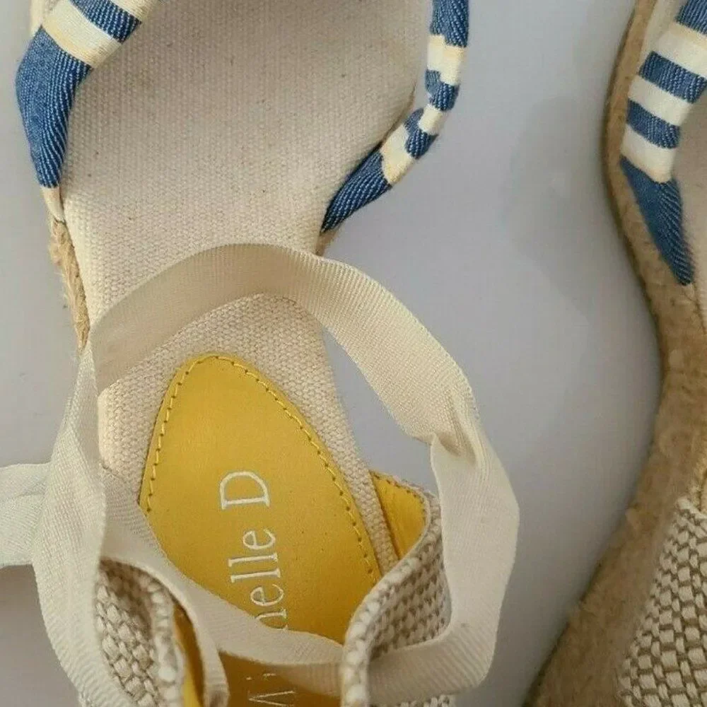 Michelle D Denim Striped‎ Espadrille Wedges Size 8M | Blue White Nautical Ribbon